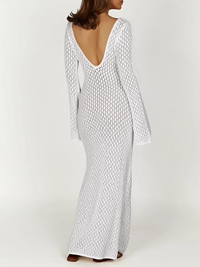 Womens Crochet Maxi Cover up Dress Beach Swim Vacation Coverups Long Sleeve Sexy Bodycon Summer Knit Dresses