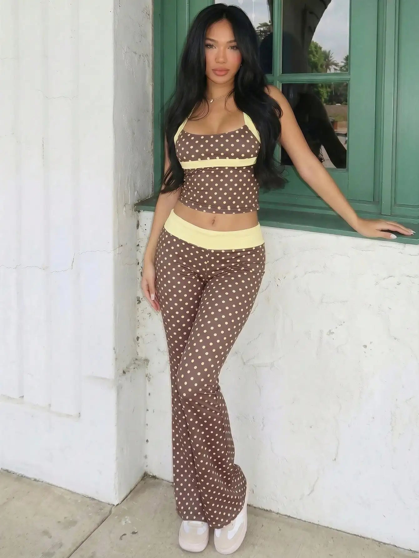 Y2K Polka Dot Halter Backless Top and Low-Waist Flared Pants 2 Pieces Set