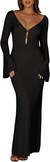 Womens Crochet Maxi Cover up Dress Beach Swim Vacation Coverups Long Sleeve Sexy Bodycon Summer Knit Dresses