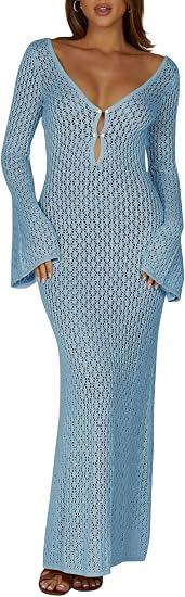 Womens Crochet Maxi Cover up Dress Beach Swim Vacation Coverups Long Sleeve Sexy Bodycon Summer Knit Dresses