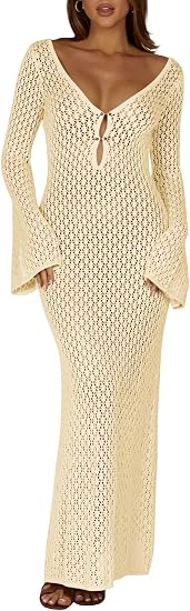 Womens Crochet Maxi Cover up Dress Beach Swim Vacation Coverups Long Sleeve Sexy Bodycon Summer Knit Dresses