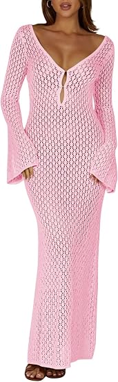 Womens Crochet Maxi Cover up Dress Beach Swim Vacation Coverups Long Sleeve Sexy Bodycon Summer Knit Dresses
