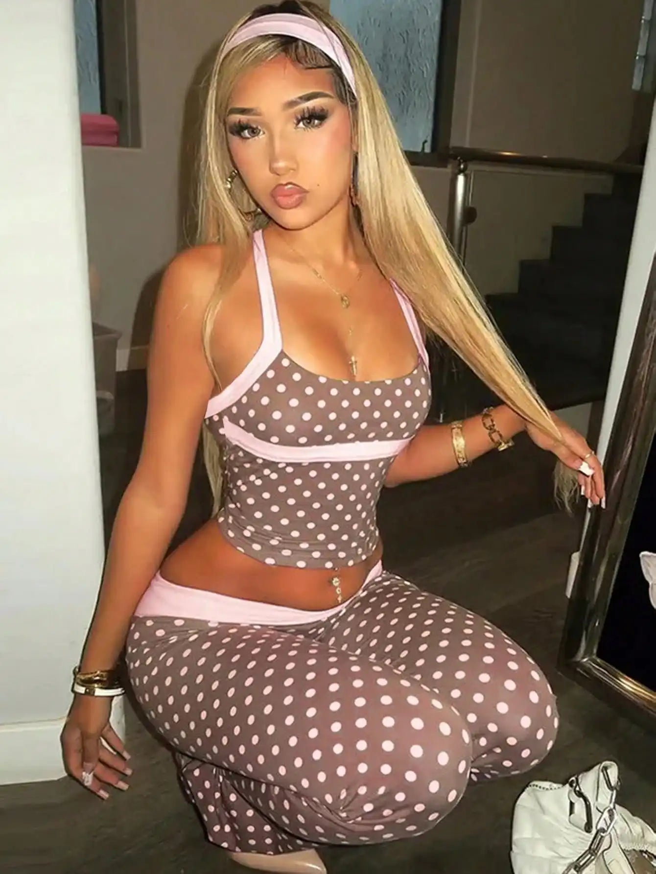 Y2K Polka Dot Halter Backless Top and Low-Waist Flared Pants 2 Pieces Set