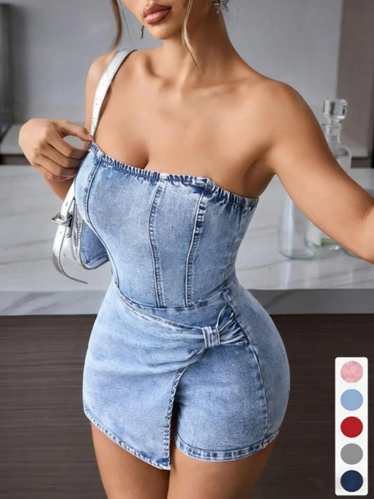 Women Tube Top Denim Dress 