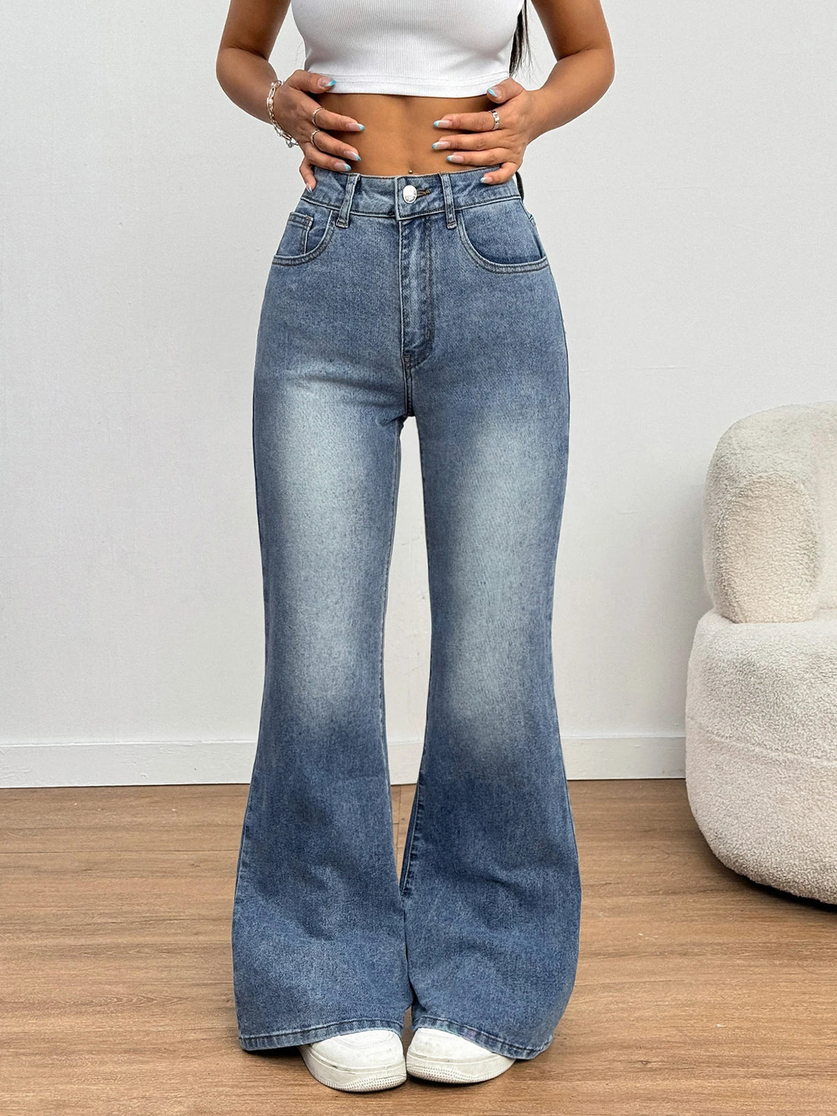Women’s High-Waisted Flare Pants – Stretch Slim Fit Blue Long Pants, Casual High Street Fashion