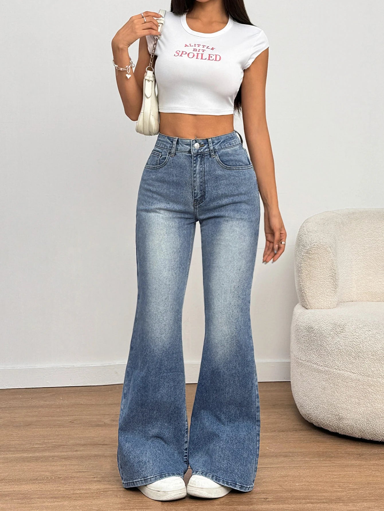 Women’s High-Waisted Flare Pants – Stretch Slim Fit Blue Long Pants, Casual High Street Fashion