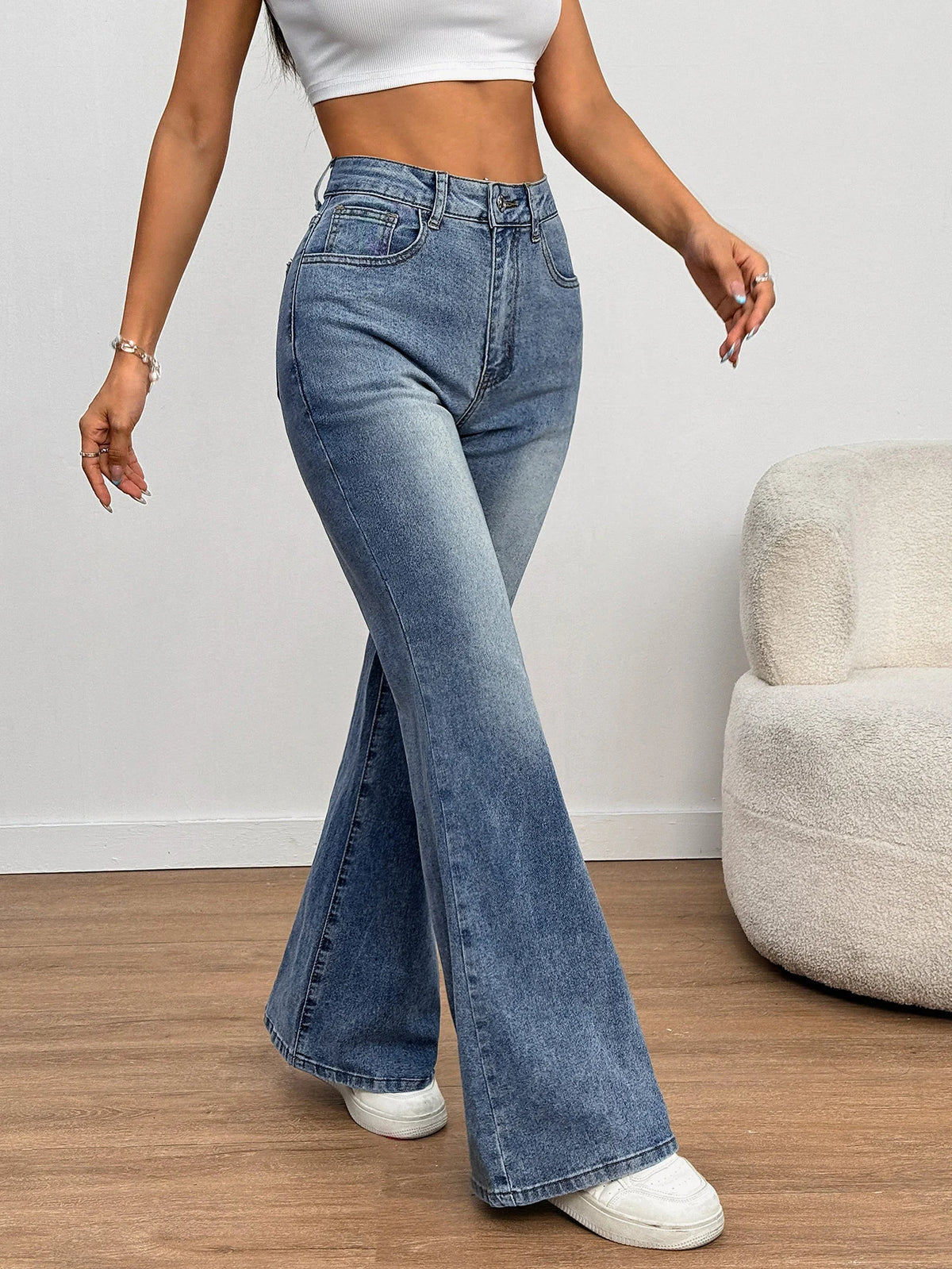Women’s High-Waisted Flare Pants – Stretch Slim Fit Blue Long Pants, Casual High Street Fashion