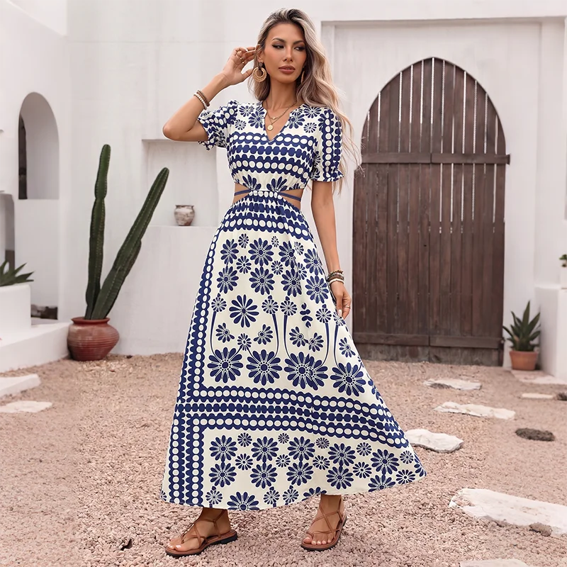 Blue & White Porcelain Print Maxi Dress