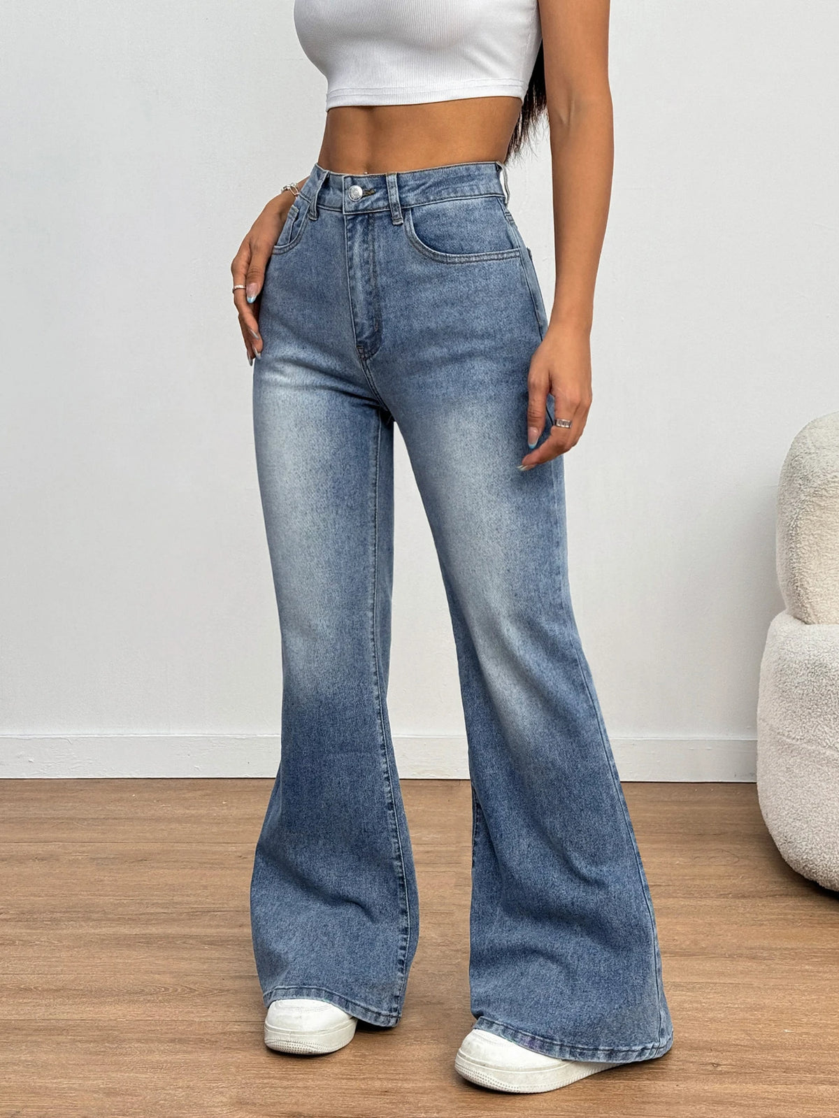 Women’s High-Waisted Flare Pants – Stretch Slim Fit Blue Long Pants, Casual High Street Fashion