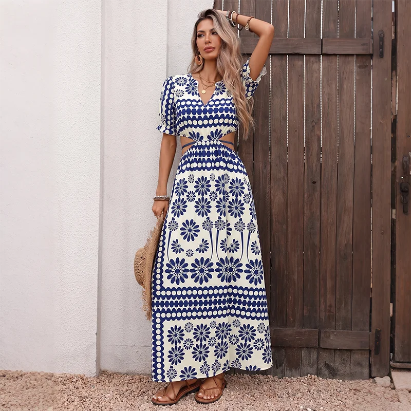 Blue & White Porcelain Print Maxi Dress