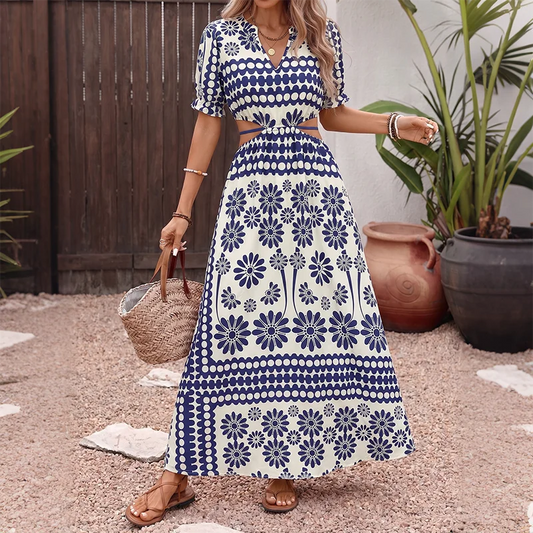 Blue & White Porcelain Print Maxi Dress