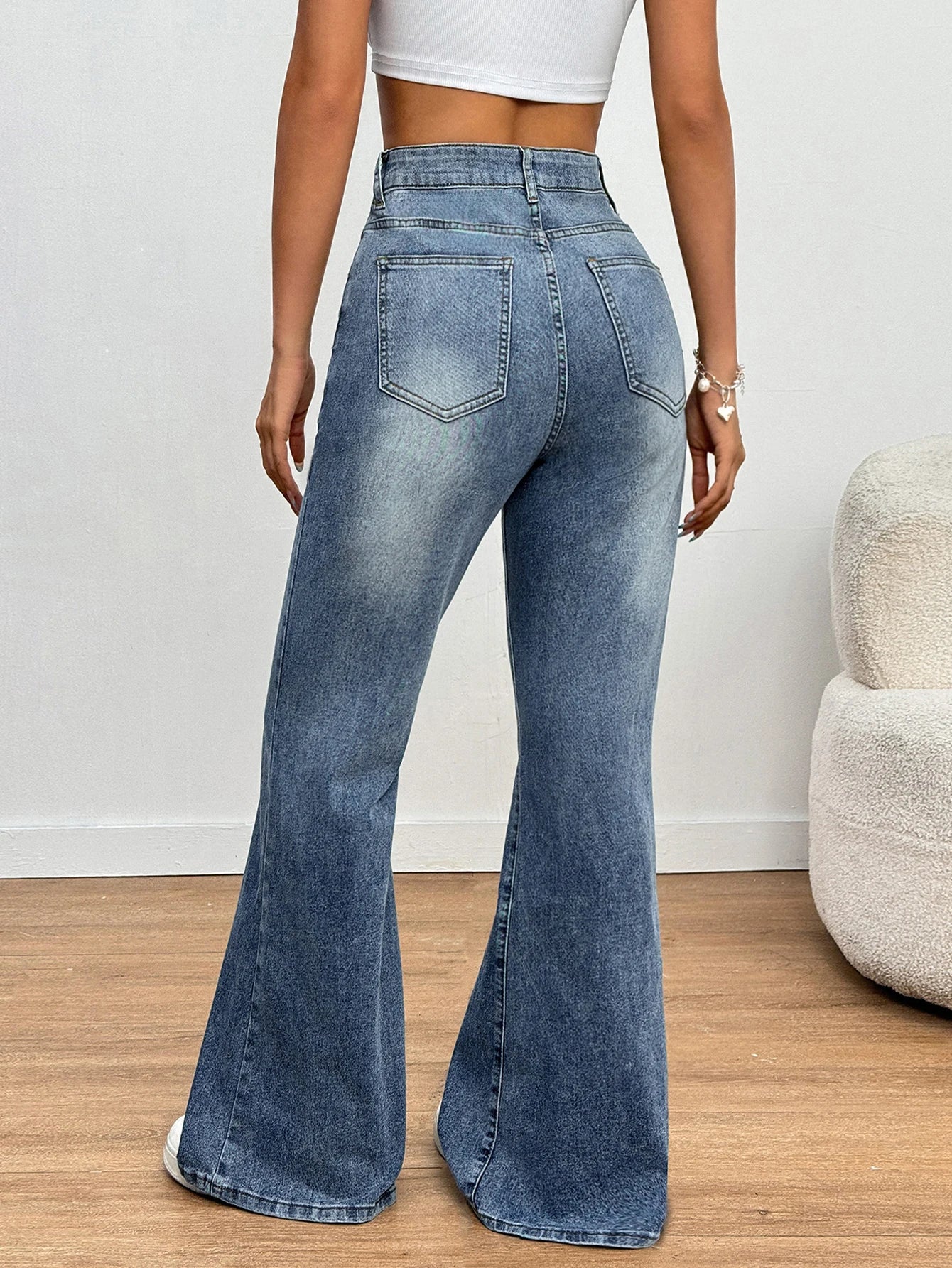 Women’s High-Waisted Flare Pants – Stretch Slim Fit Blue Long Pants, Casual High Street Fashion