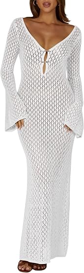 Womens Crochet Maxi Cover up Dress Beach Swim Vacation Coverups Long Sleeve Sexy Bodycon Summer Knit Dresses