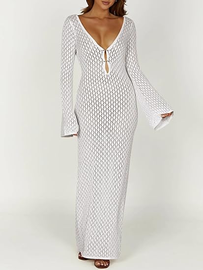Womens Crochet Maxi Cover up Dress Beach Swim Vacation Coverups Long Sleeve Sexy Bodycon Summer Knit Dresses